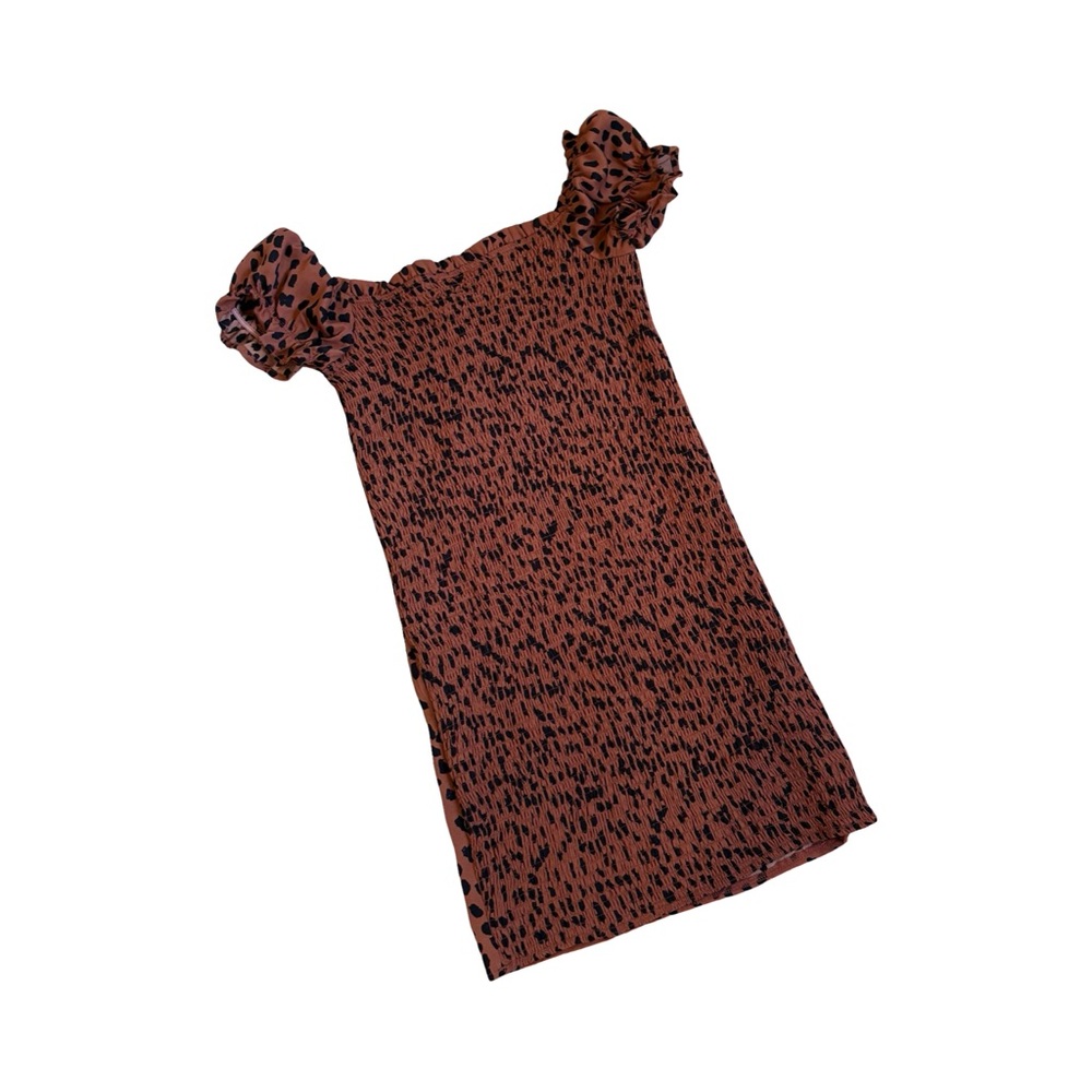 O. Vianca Rust Animal Print Smocked Mini Dress Off shoulder Small Summer - Picture 4 of 9